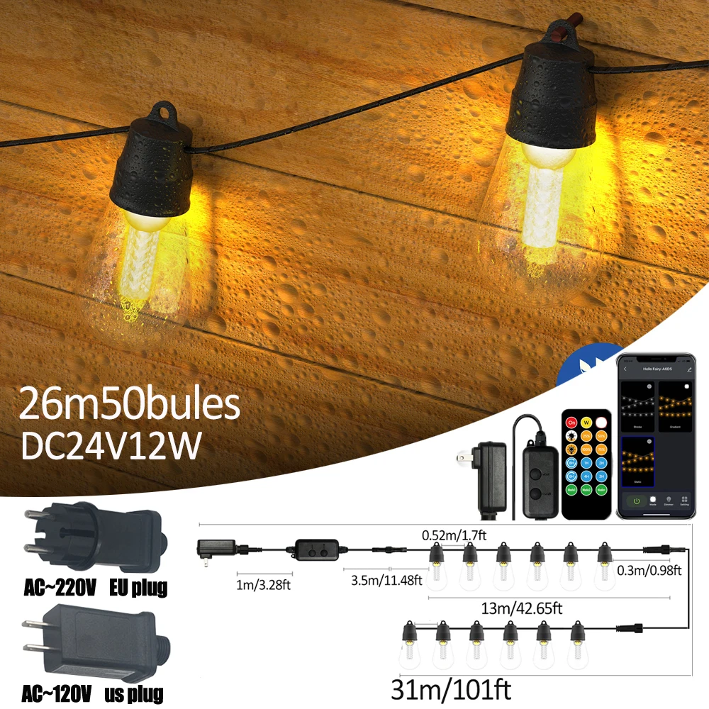 

DC24V Outdoor Lights S14 26m DIY Christmas String Lights 3Modes Adjustable Remote Control Lights Bulbs for Patio Garden
