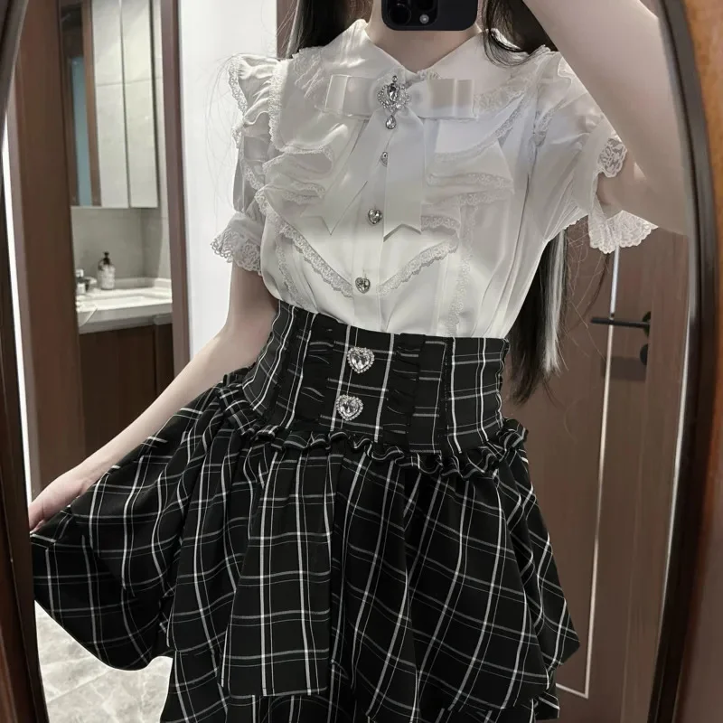 Lizzisa Bow Dresses Y2K Landmine Soft Girl Japan Sweet And Cute Lace Bow Ruffle Half Skirt A-line Medium Waist Short Skirt New