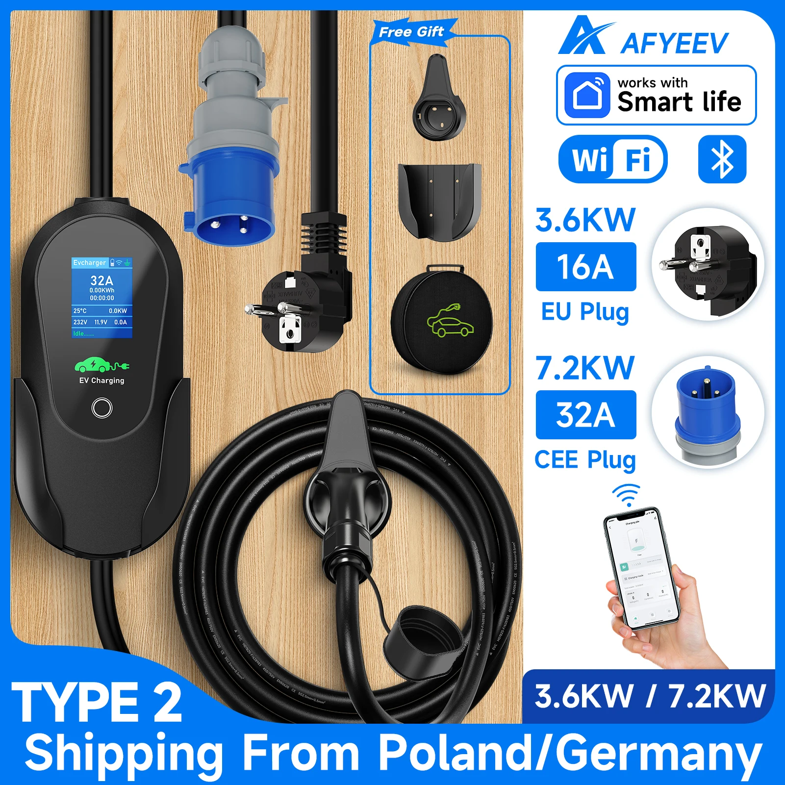 AFYEEV 3.6KW Caricatore portatile tipo 2 IEC62196-2 EV 7.2KW Caricatore per auto elettrica WiFi Bluetooth APP Controllo remoto Spedizione dall'UE