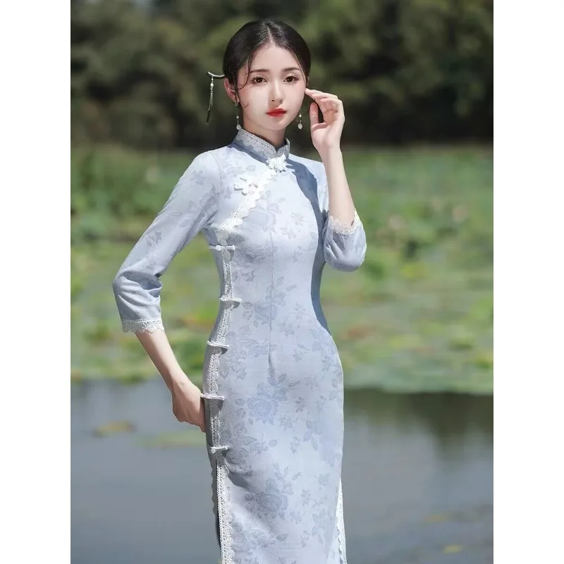 Autumn Chinese Traditional Women Qipao Dress Blue Printed Stand Collar Mid Sleeve Modern Cheongsam Vestidos De Verano Mujer