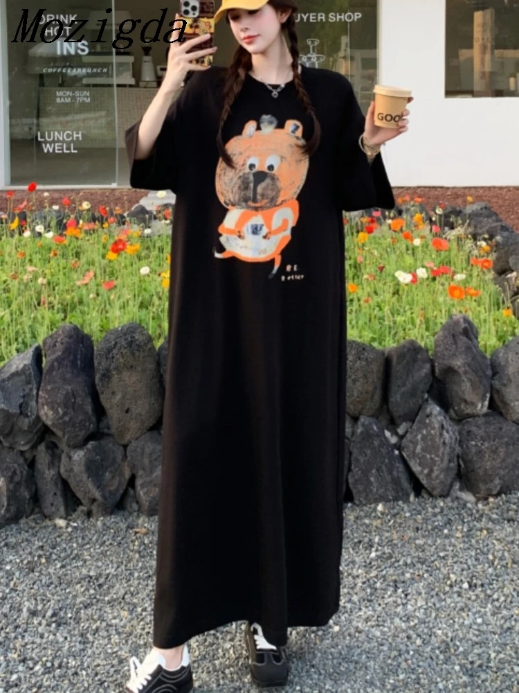 ルーズカジュアル韓国スタイル半袖 Tシャツドレス女性のロングサマードレスルーズスリットラウンドネックミディレディースドレス