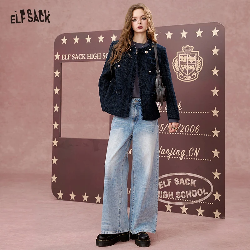 ELFSACK 2024 Autumn New Arrivals Versatile navy blue tweed short woolen coat for women