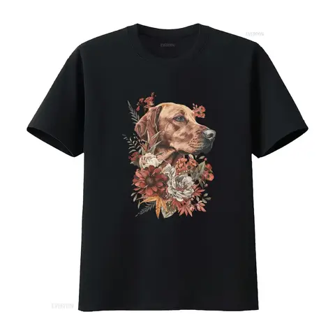 花柄のロードシアンリッジバック犬柄Tシャツ、ママ向け、かわいいデザイン、愛好家向け、ヴィンテージ風ウォッシュ加工、多用途ストリートウェア、男性用、通気性あり