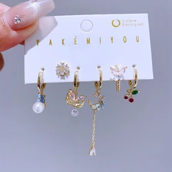 6pcs/set Sweet Flower Butterfly Cherry Drop Earrings for Women Gold Color Cubic Zircon Crystal Jewelry