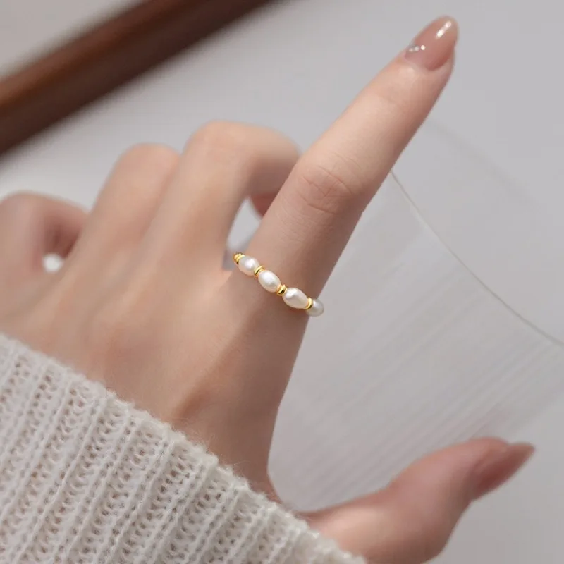 Minar Textured Rice Freshwater Pearl Copper Bead Strand Elastic Wedding Bands for Women 14K Gold Silver Plated Finger Rings