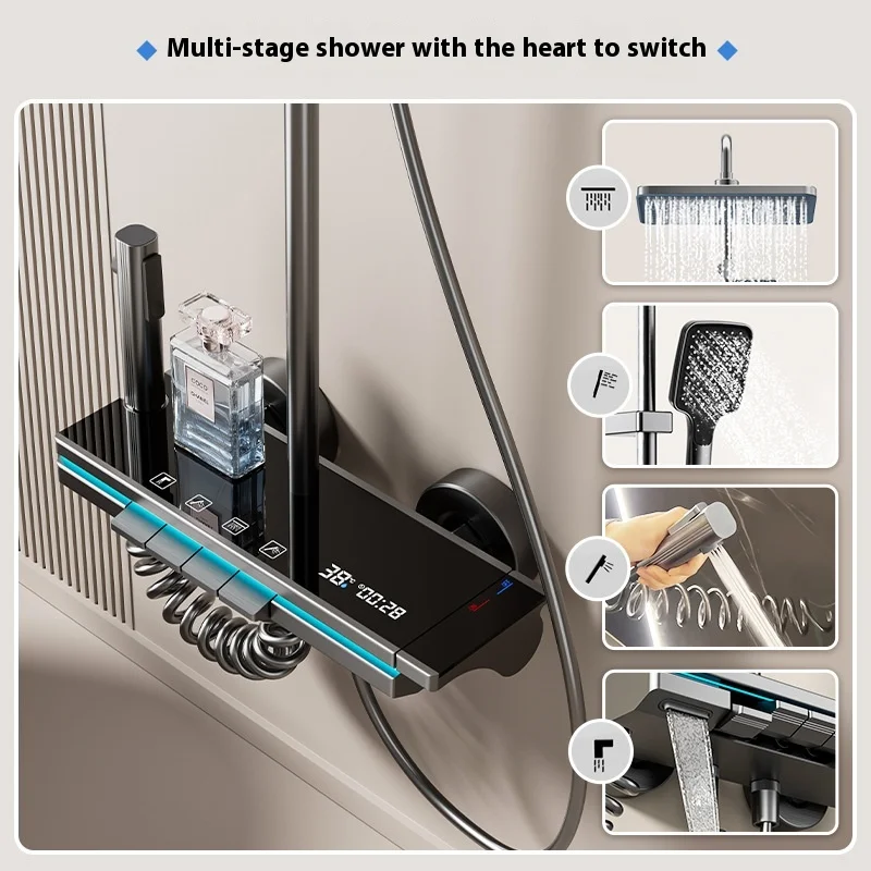 Home Selected Smart Digital Display Shower Set Air Pressure Boost Soft Brushed Ceramic For Apartment Hotel Engineering Home Use