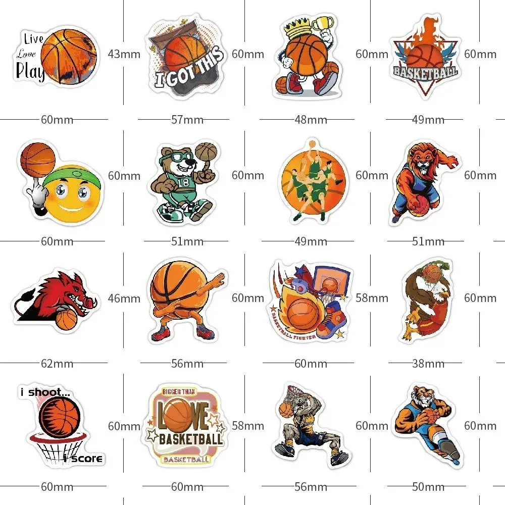 Autocollant de basket-ball pour ordinateur portable, décalcomanies de téléphone, ballon de dessin animé mignon, feuille de sport, scrapbooking, jouet pour enfants, bagage, moto, 50 pièces