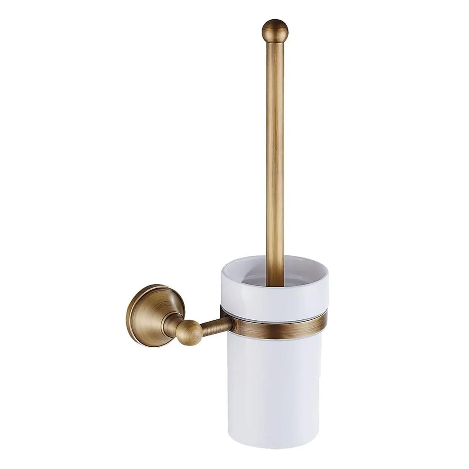 

Antique Brass Wall-Mounted Toilet Brush Set with Ceramic Cup – Vintage Bathroom Accessory – Bowl Scrubber & Holder