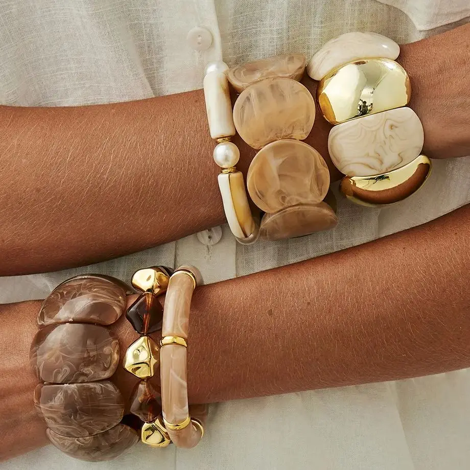 DIEZI 10 Style Ethnic Bohemian Geometric Acrylic Resin Bangles Fashion Light Khaki CCB Beads Bangles Bracelets For Women Men
