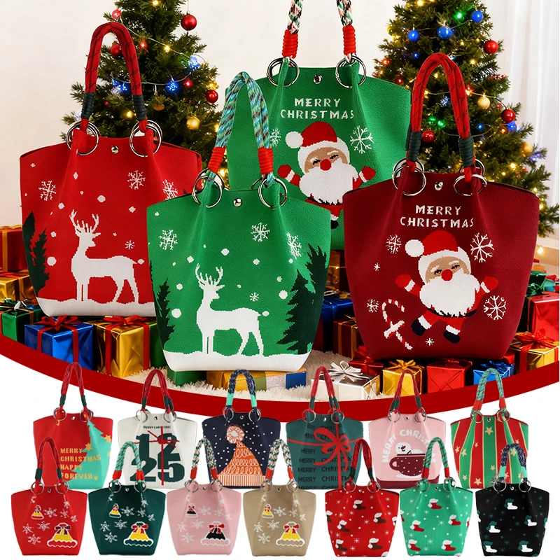 

2026 Cartoon Reindeer Santa Claus Knitted Bucket Bag Women Fashion Large Capacity Handbag Christmas Gift Portable Knitted Purse