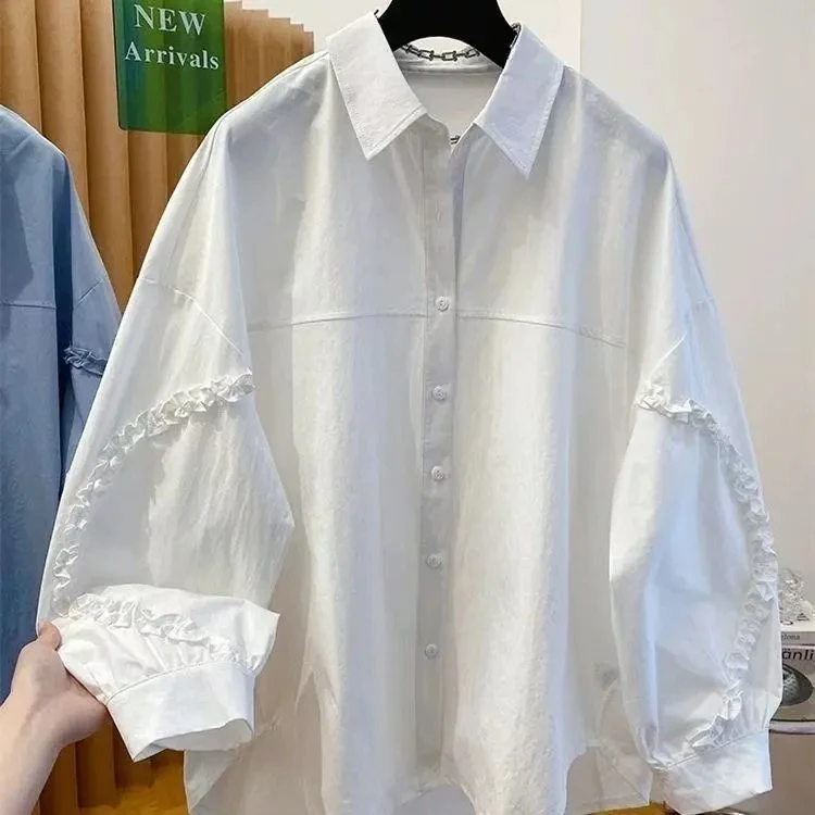 White Shirt Women'S Long Sleeve Shirt Coat 2025 New Loose Large Size Cover Buttocks Lapel Jacket Top Korean Fashion Shirt Top
