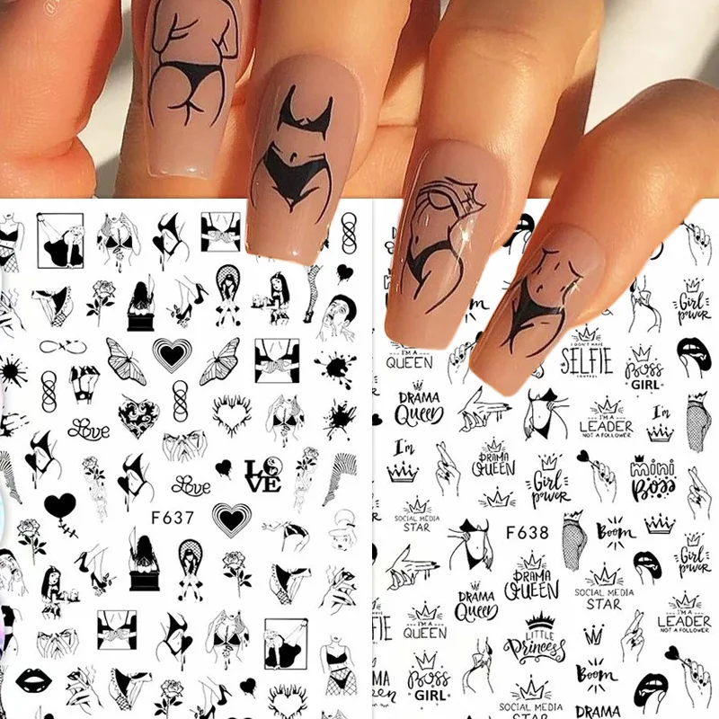 1 pçs 3d listras animais coração adesivos de unhas preto e branco linhas acessórios da arte do prego sliders decorações de unhas florais