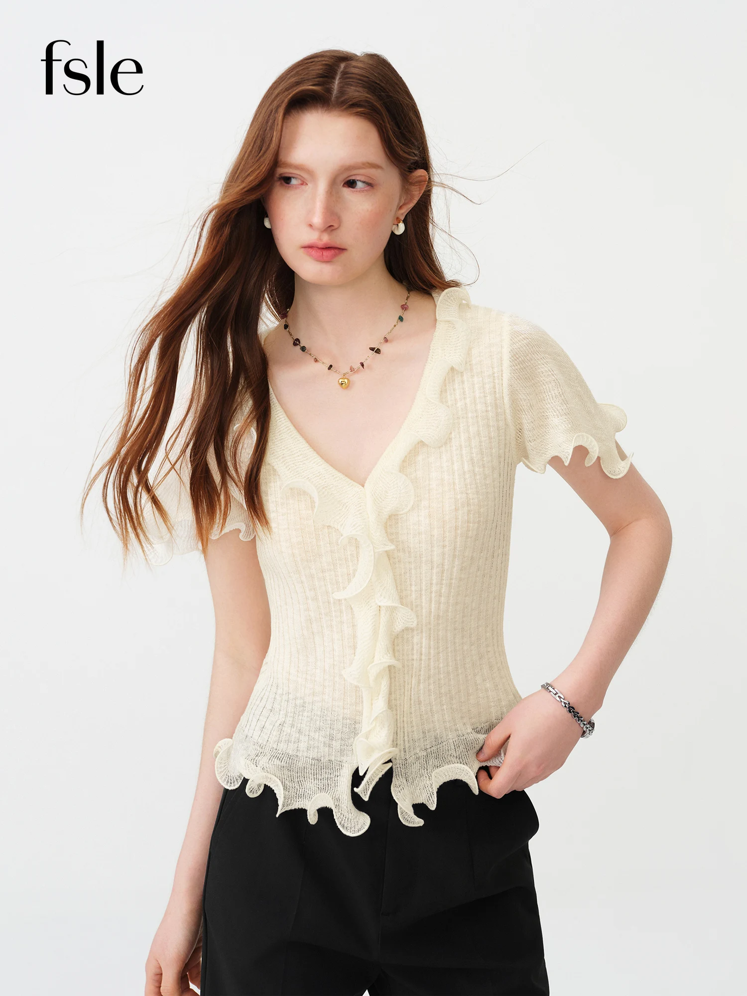 FSLE 2026 Blusa de punto con cuello en V y volantes para mujer, estilo coqueta, ligera y suave, de manga corta y caída fluida para verano