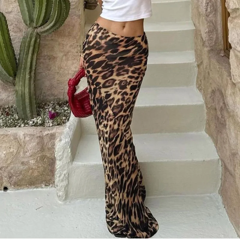 

Leopard Printed See Through Skirt For Women Sexy Vintage Lace 2024 Spring Chic High Waist Hip Wrapped Slim Skirts