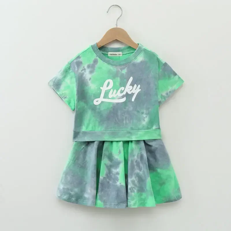 2Pcs Tie dye Summer Big Kids Baby Tall Girls Clothes Tops T-shirt+Skirt for 10 11 12 13 14 15 16 Years Old 150cm 160cm Height