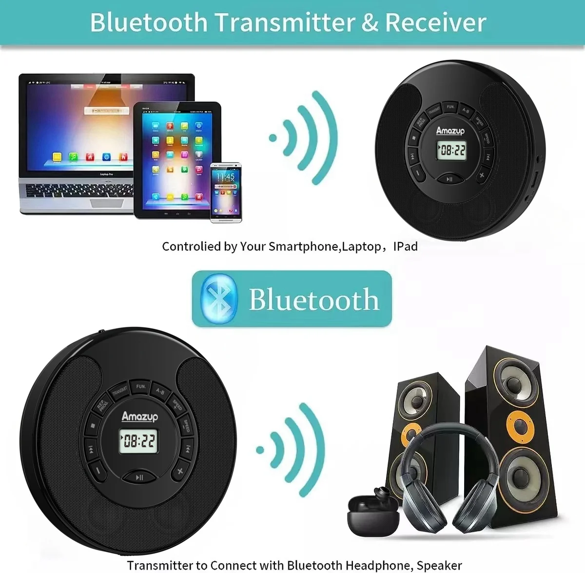 Imagem -04 - Leitor de cd Portátil com Modelo de Bluetooth Duplo Leitor Usb Alto-falantes Estéreo Duplos Reprodução Aux Controle de Velocidade