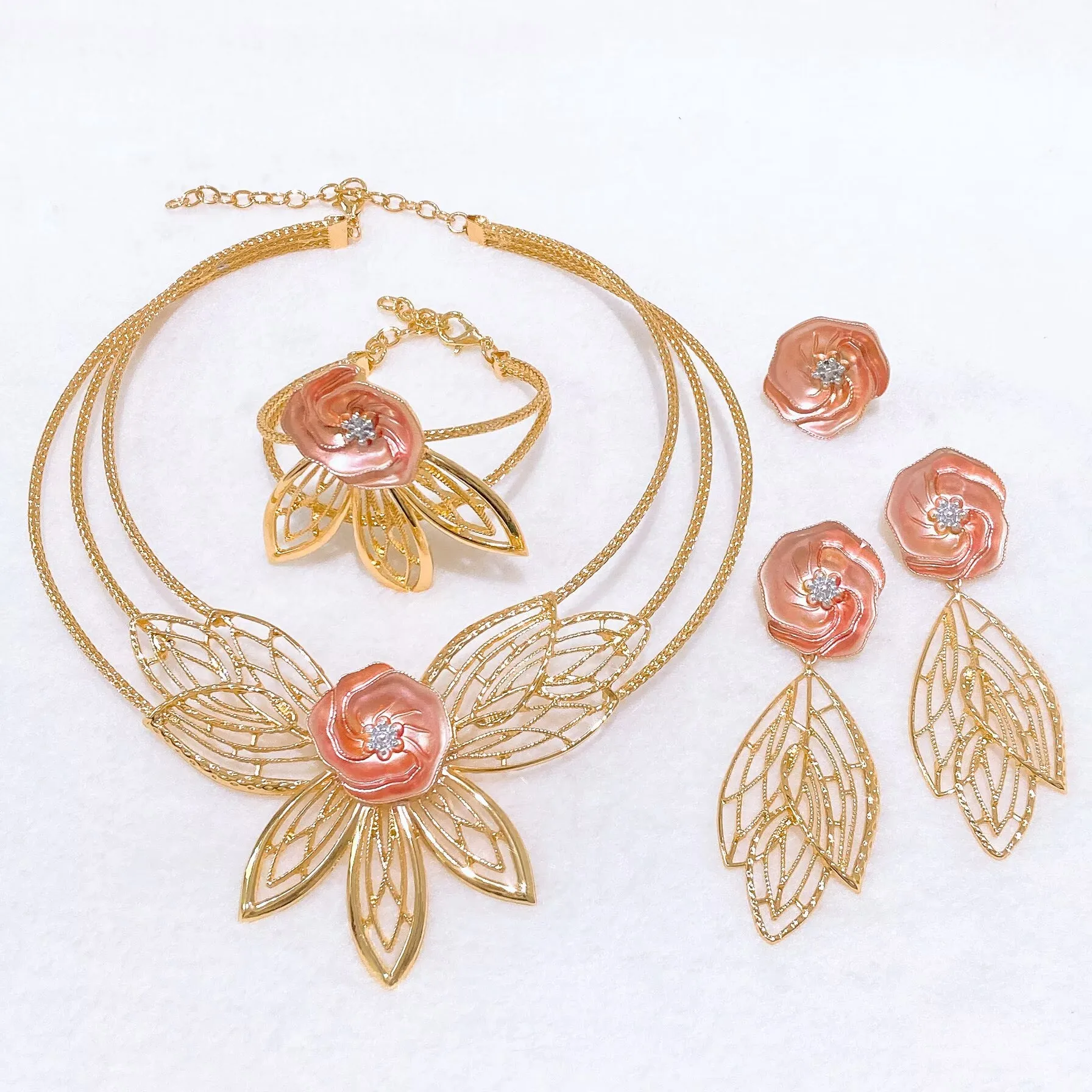

Yulaili Gold Plated Pink Rose Brizilian Jewelry Set for Women Multi Layer Necklace Bracelet Earrings Hollow Out Fashion Gift
