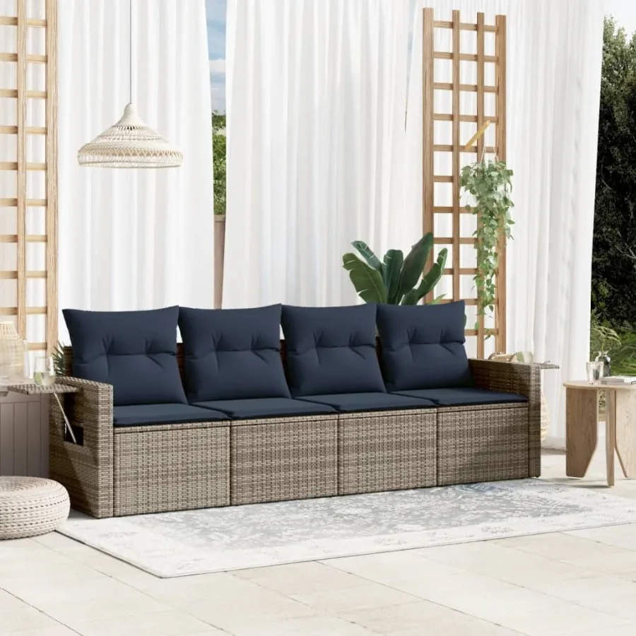 

4 Piece Patio Sofa Set with Cushions Gray Poly Rattan