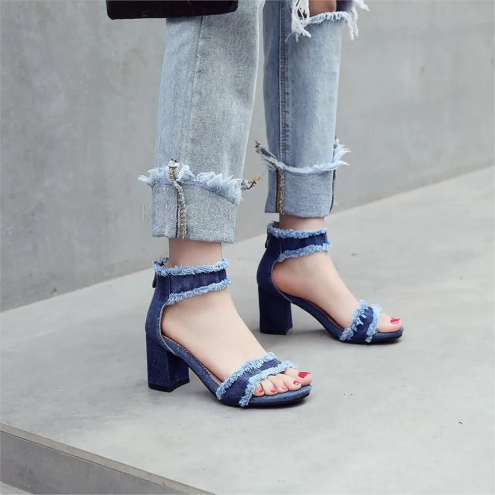 Blue Denim Summer Sandals Shoes For Woman Ankle Straps High Heel Jeans Gladiator Sandals Fashion Party Shoes Ladies