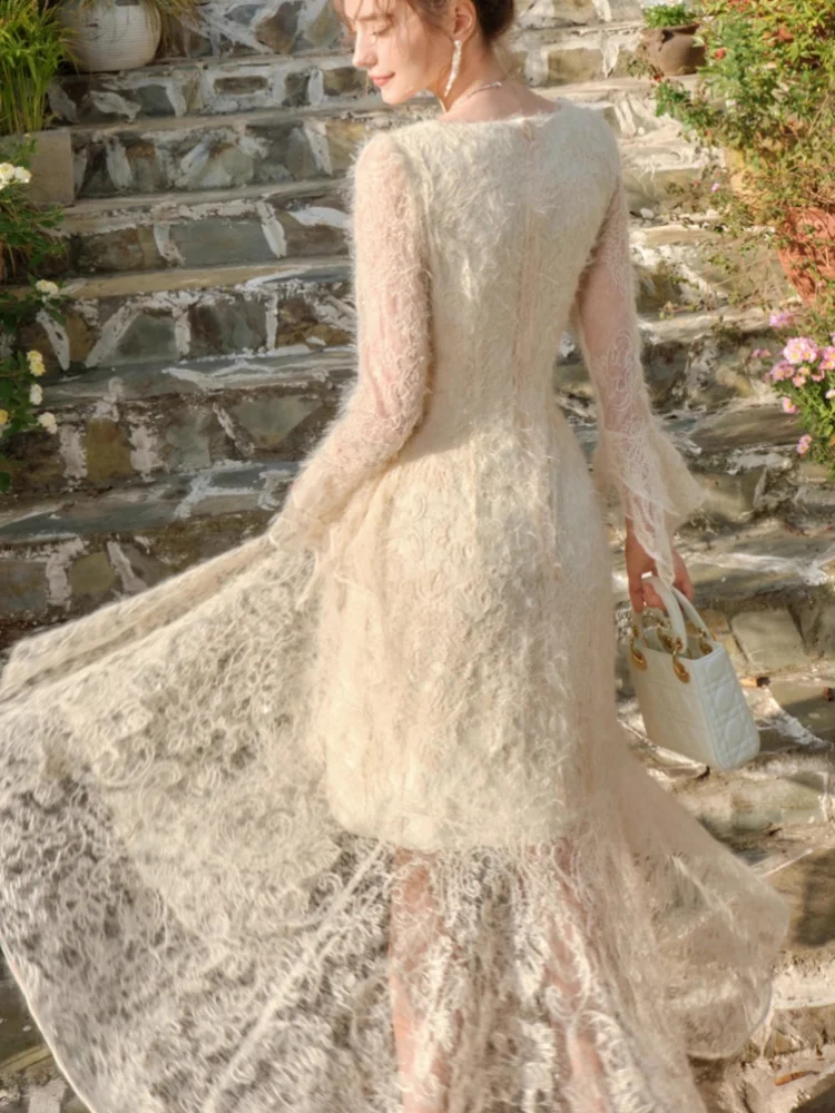 Women Vintage Fuzzy Lace Party Dress Autumn Ruffles Long Sleeve Squaer Neck Slim A-line Evening Prom Mujer Wedding Guest Dresses