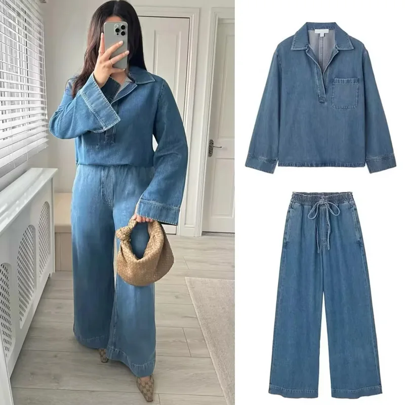 TRAF 2024 Woman Pant Sets Blue Oversized Shirts Wide Baggy Pants Denim 2 Piece Set Women Autumn Casual Jean New Matching Sets