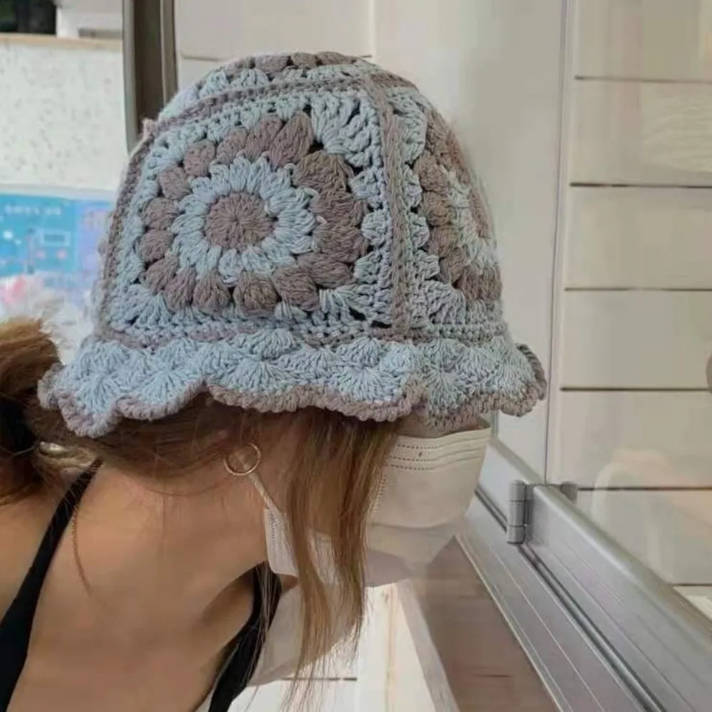 

Retro Fleece thread Knitted Fisherman Hat Hollow Korean Style Flower Sun Hat Bucket Hat Women