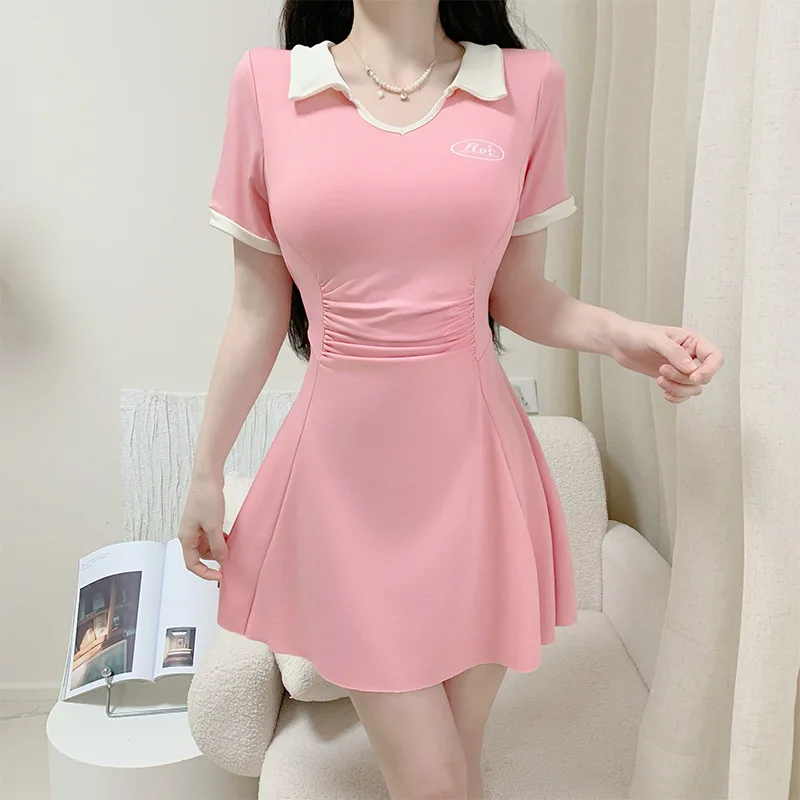 

sexy Kpop letter print swimsuit one piece pink patchwork bodysuits mini dress culottes bikinis padded swimwear beach outfits