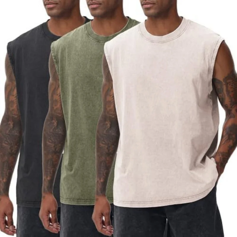 

2026 New Summer Men's Washed Cotton Tank Tops Muscle Gym Sleeveless Workout T Shirts Running Beach Loose Cutoff Tees