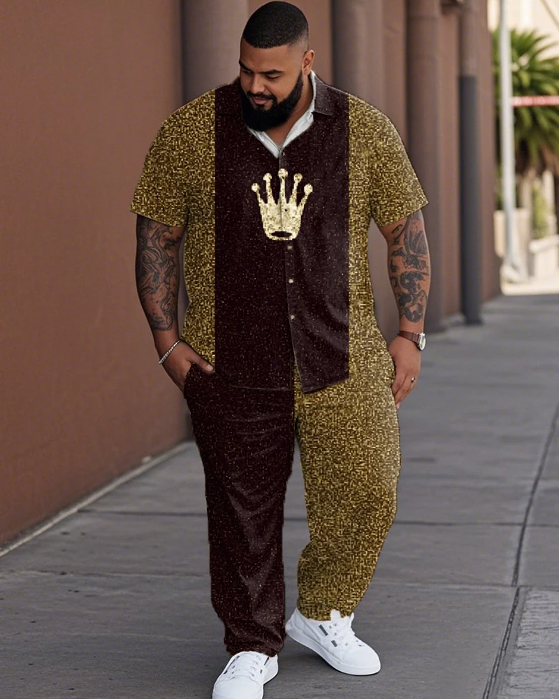 

S-9XL Men's Plus Size Colorblock Crown Shirt and Pants Two-Piece Set