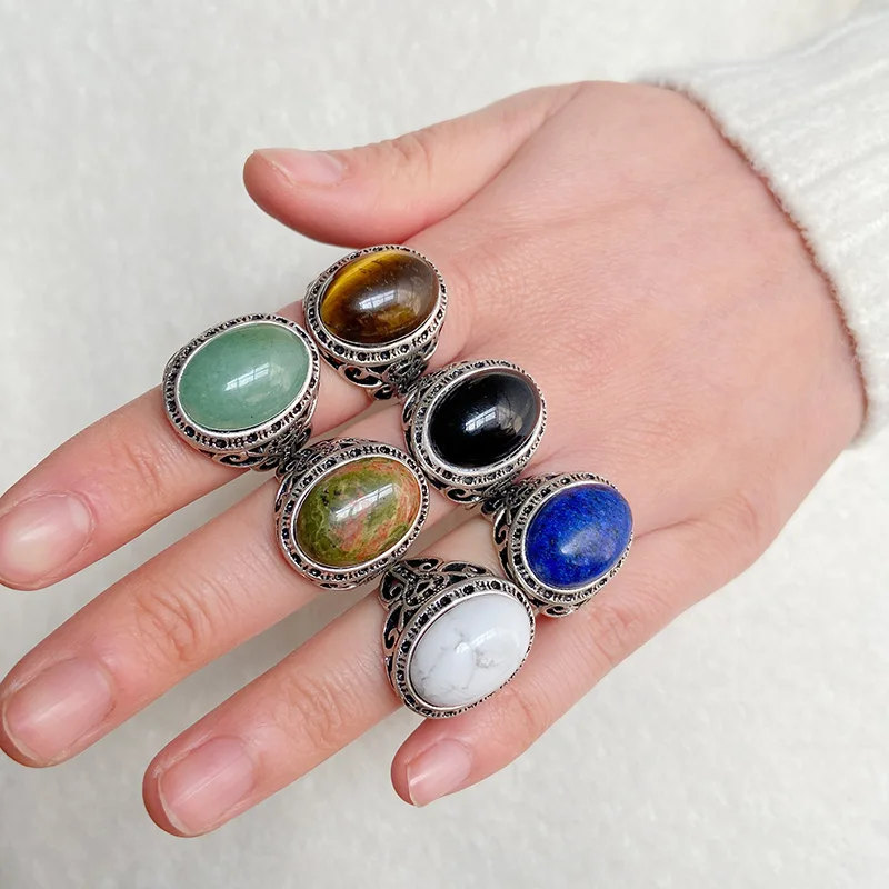 Vintage Natural Stone Ring Oval Tiger Eye Lapis lazuli Stone Ring Boho Open Joint Ring Adjustable Woman Men Jewelry Accessory