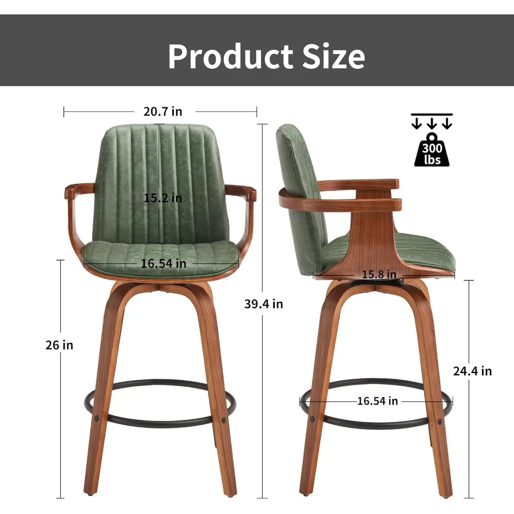 Counter Height Bar Stools Set of 2, 26 Swivel Bar Stools with High Backs and Arms, Modern PU Leather Bar Chairs for Kitchen Isla