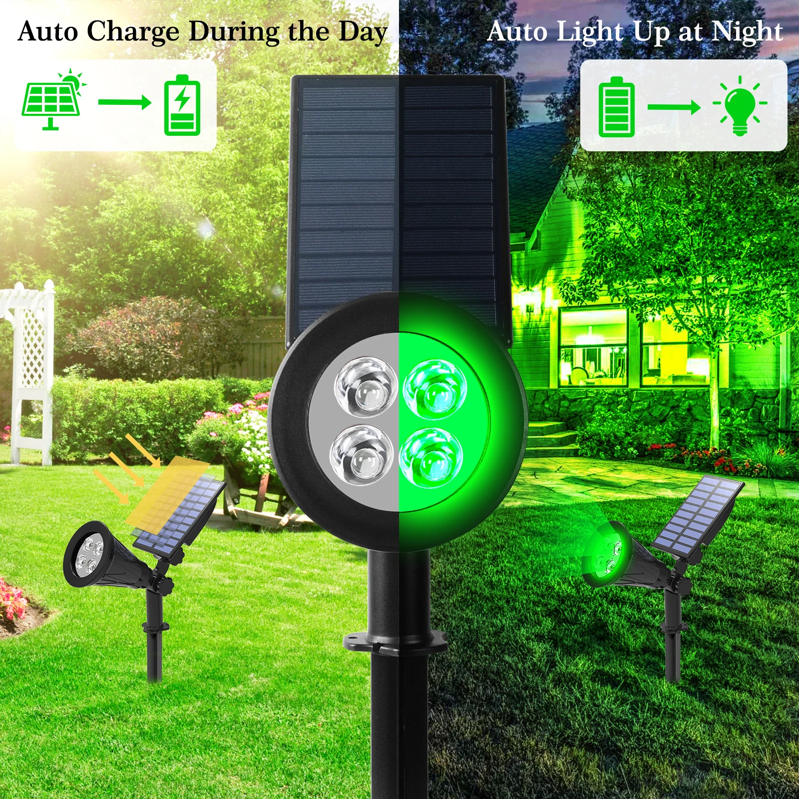 T-SUN-Green LED Solar Lights, Solar Spotlight, impermeável, luz de parede, luz do jardim, lâmpada solar Outdoot, 1, 2, 4 Packs