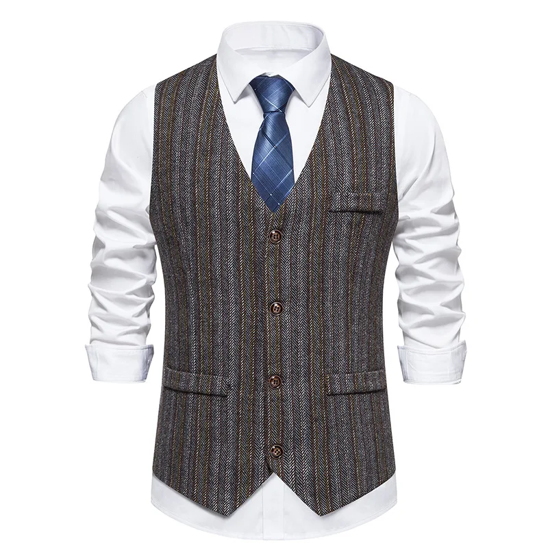 Mens Casual Plaid Suit Vest Tweed Slim Fit Waistcoat for Wedding Suit Tank Tops