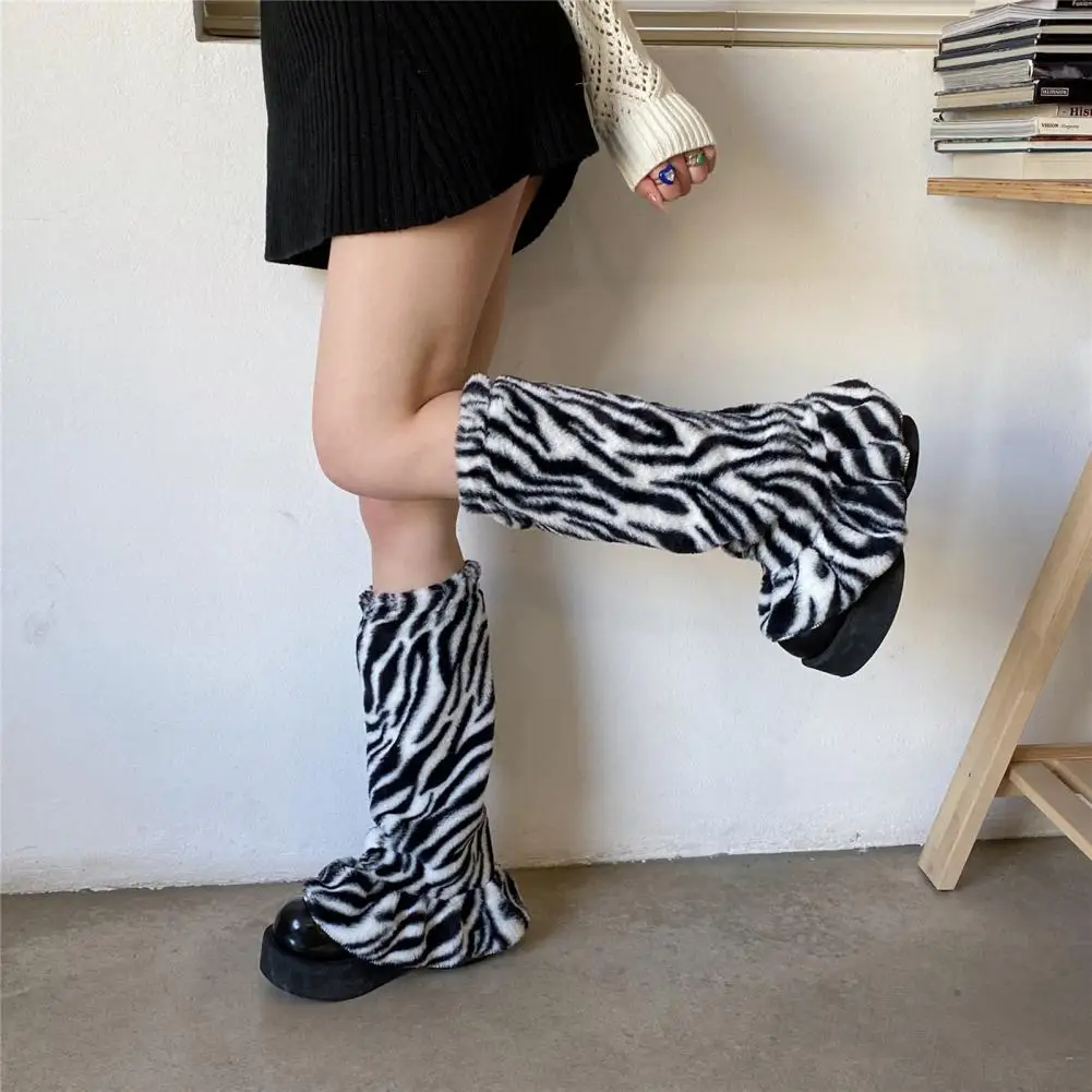 Goth Lolita Leg Striped Warmers Zebra Print Harajuku Pile Socks FurryLong Socks Women Stockings Foot Warmers Foot Covers