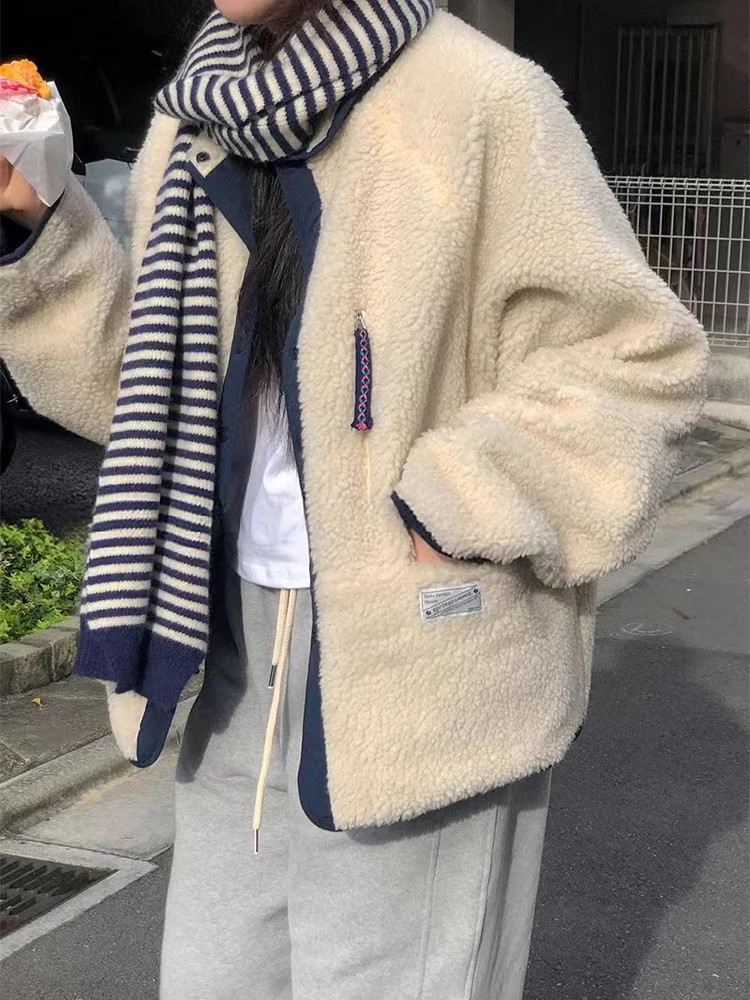 

Chic Autumn Winter Double-Sided Wear Loose Long Sve Lamb Fur Jaet Women's Faion Commute Sle Korean Version Cotton Coat