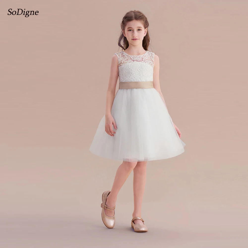 SoDigne Tulle/Lace A-line Flower Girl Dress O-neck Sleeveless Skirt Girls Party Dresses Knee Length Customized Kid Gown