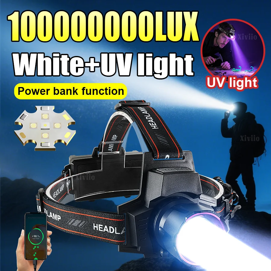 UV Light Strong LED Headlight USB Rechargeable Headlamp Ultra Bright Powerful Head Flashlights Digital Display Outdoor Camping