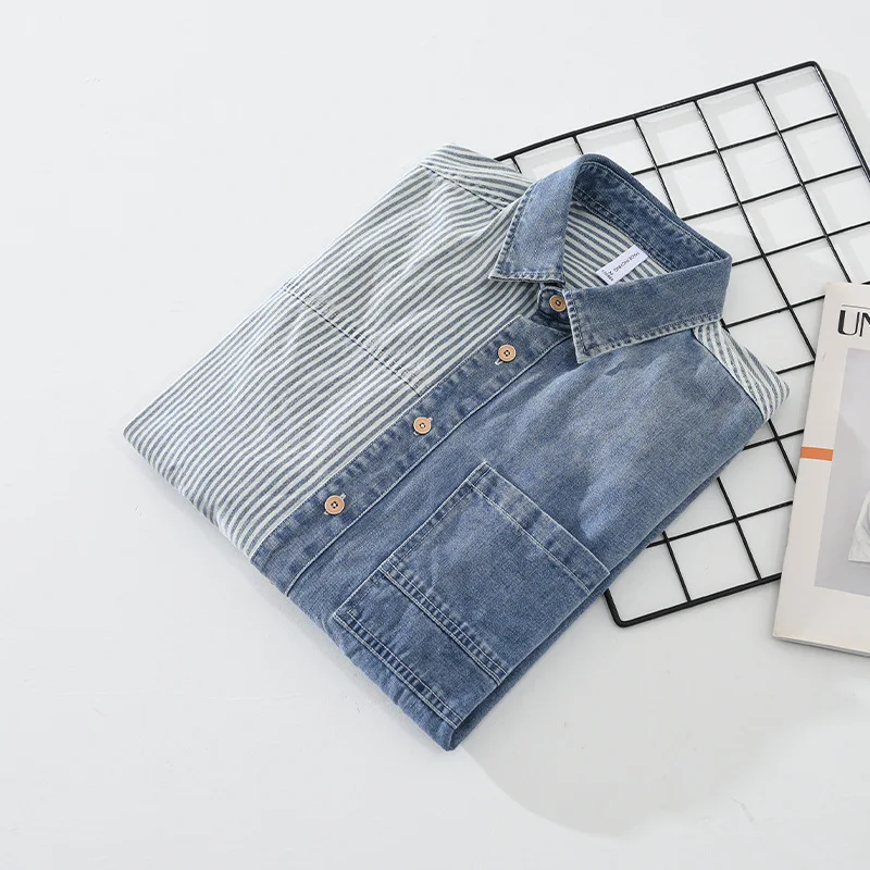 

Повседневная свободная длинная джинсовая полоска в полоску irt, мужская весна-осень, Гонконг Sle Faion, цветные лацканы из хлопка и полиэстера...