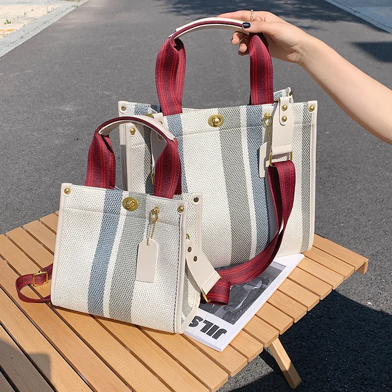 High Beauty Canvas Tote Bag for Women 2024 New Trendy Stripe Design Simple Handbag Fashion Versatile One Shoulder Crossbody Bags