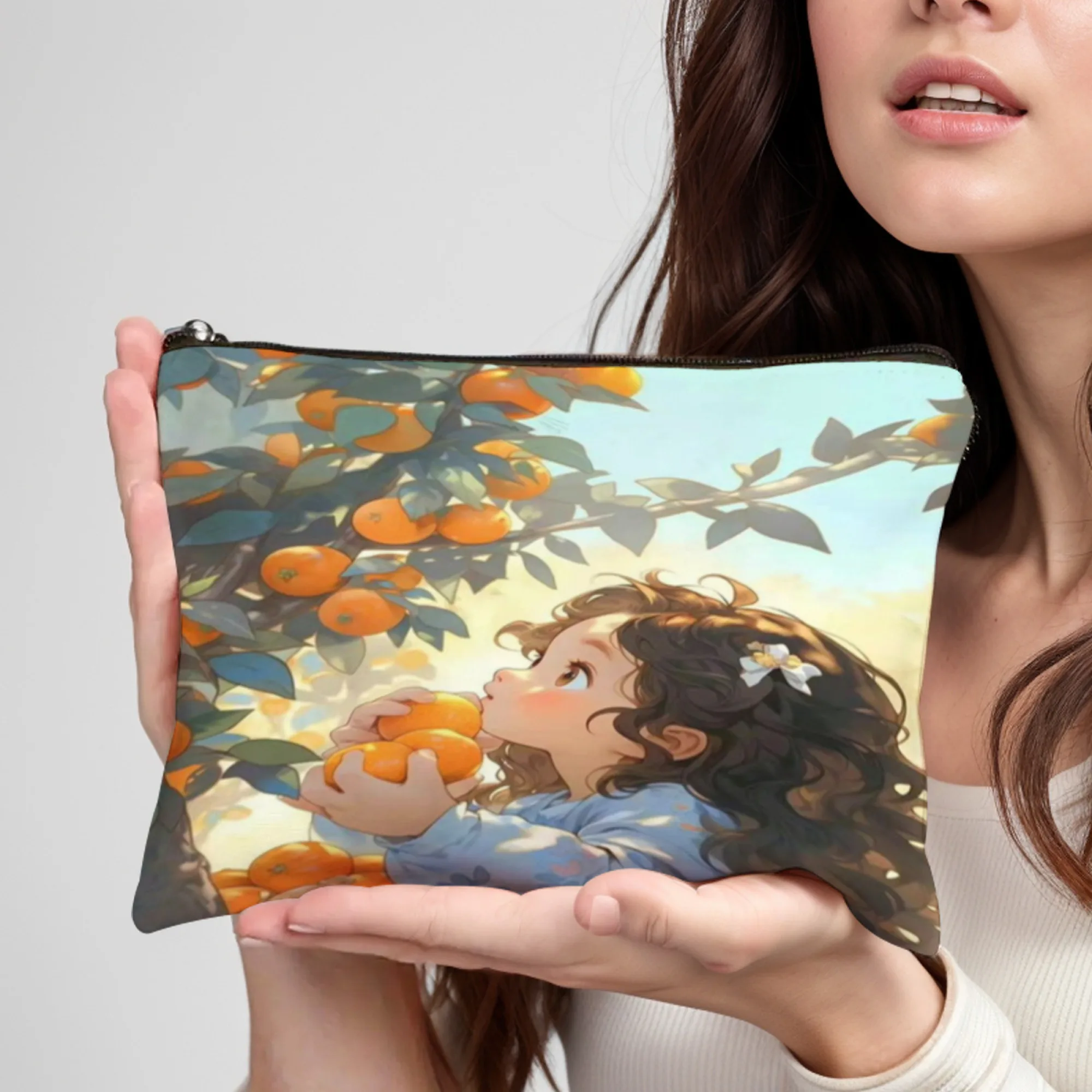 حقيبة مكياج أنيقة بسحاب مطبوعة على شكل "فتاة قطف برتقالية" حقيبة مستحضرات تجميل محمولة مع مرآة حقيبة أدوات الزينة للسفر المتينة #1