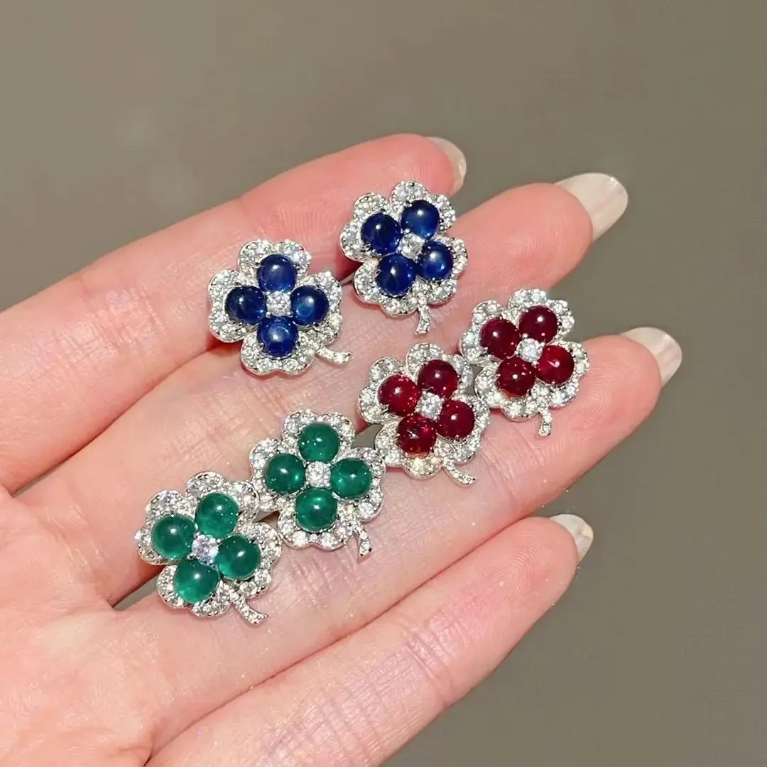 

ZOCA 925 Sterling Silver Sweet Elegant Green Red Sapphire Gemstones Earring For women Lucky Flower Earrings Fine Jewelry