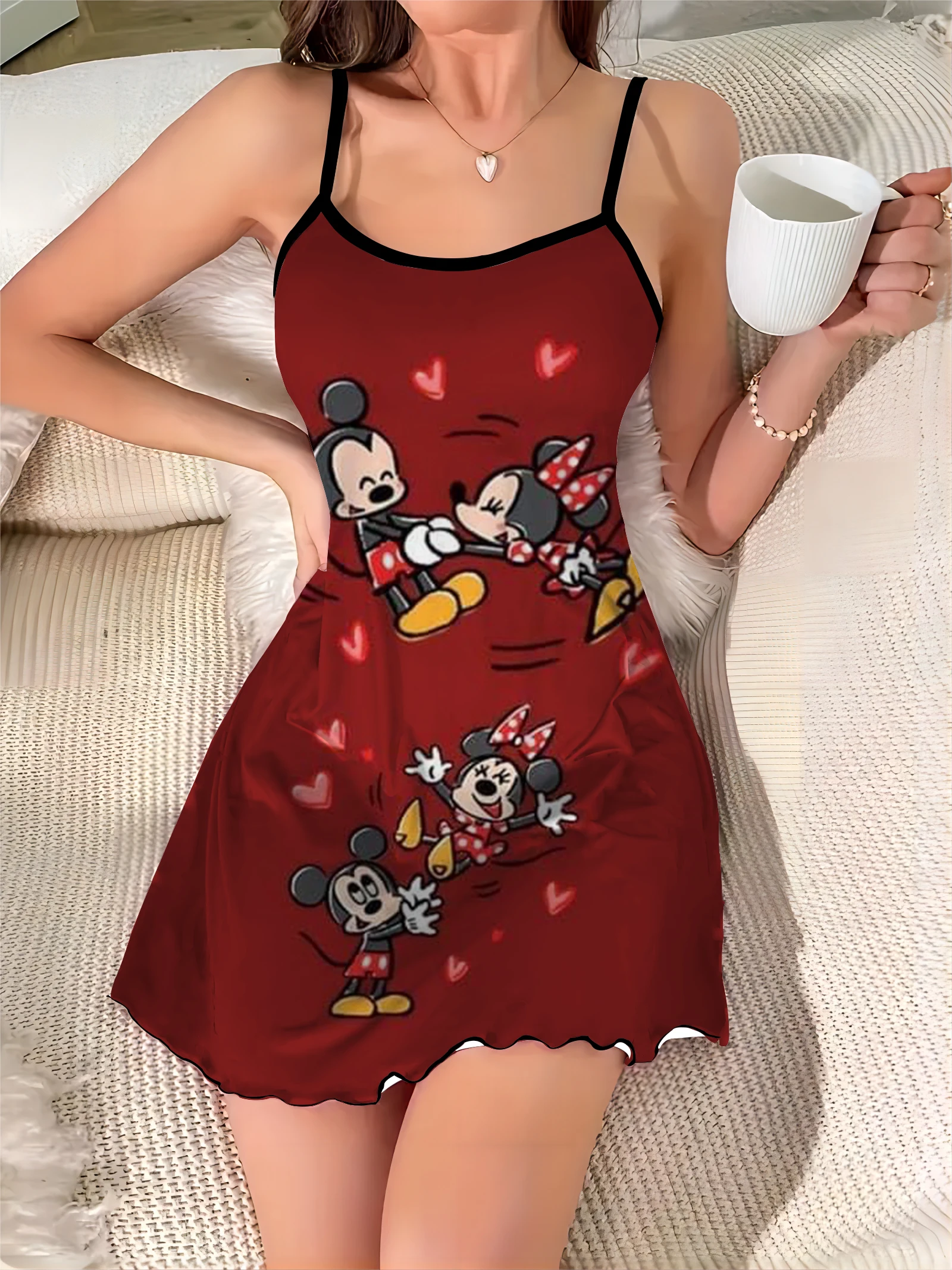 Lettuce Trim Crew Neck Sexy Dress Fashion Summer Dresses 2024 Minnie Mouse Disney Pajama Skirt Elegant Women Chic Mini Satin