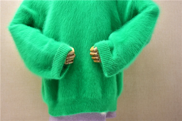 Women Mujer Autumn Winter Thick Warm Green Hairy Mink Cashmere Knitted O-Neck Long Sleeves Loose Pullover Sweater Jumper Pull