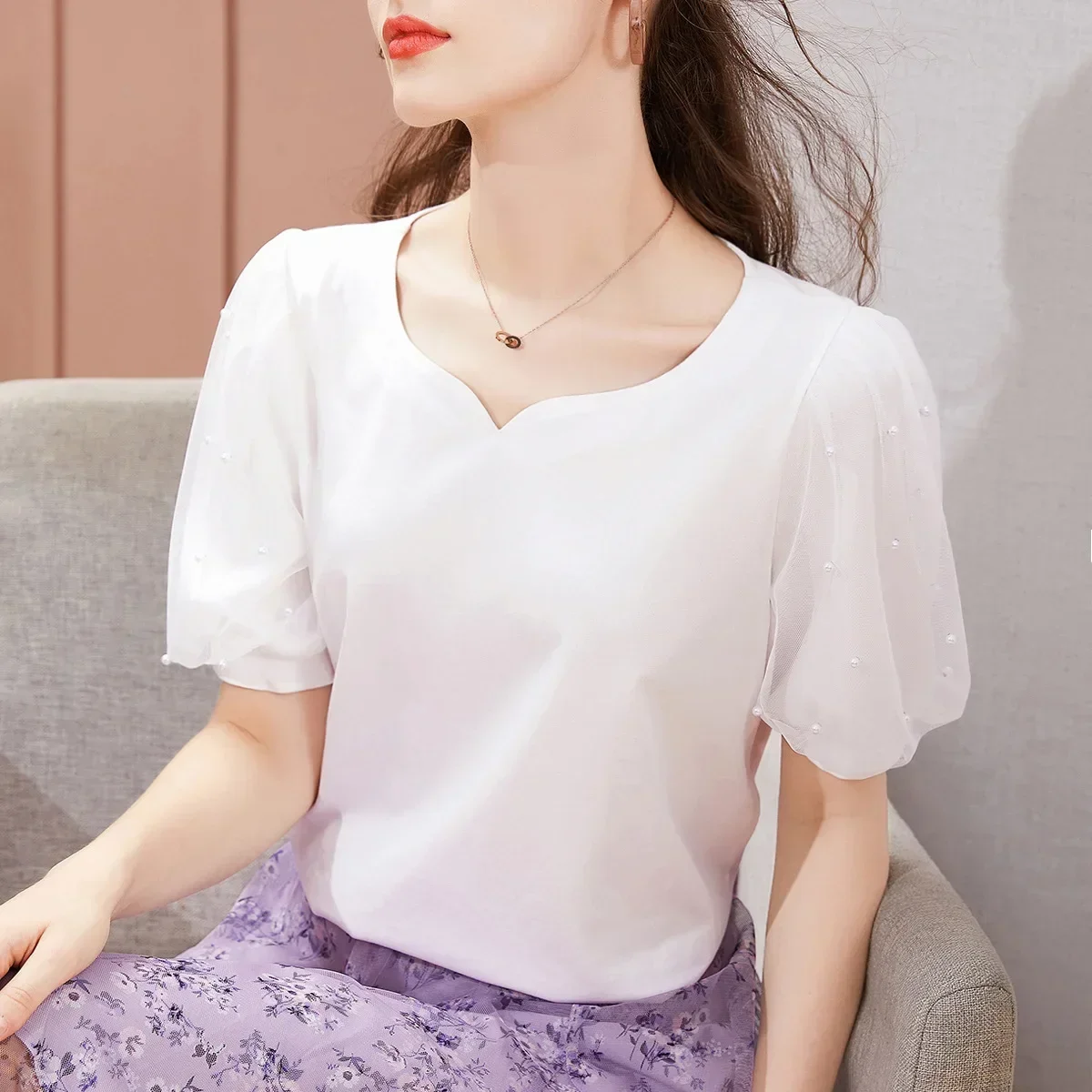 MRMT 2025 Zupełnie nowa damska koszulka z krótkim rękawem Jednokolorowa bawełniana koszulka z półrękawkiem Plisowana siateczka z bufiastym rękawem Projekt dla kobiet