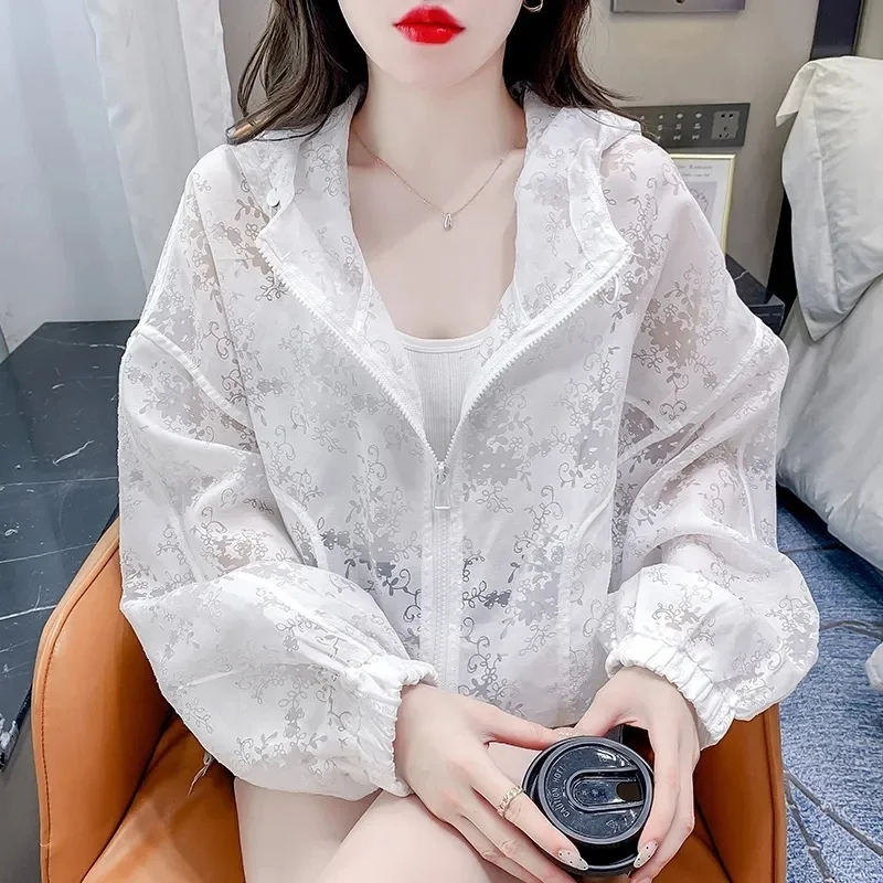 Sunscreen Coat Female Summer 2025 New Loose Casual Top Hooded Small Thin Hollow Sun-Protective Clothing