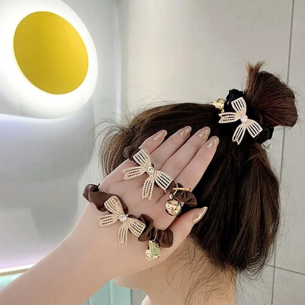 Elegant Rhinestone Bow-knot Scrunchies Hair Bands Pearls Bow Hair Ties Ponytail Holder Hair Accessories for Women Girls