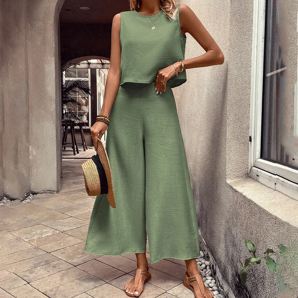 

2026 Elegant women's cotton and linen sleeveless loose top wide leg pants set summer new style temperament for commuting