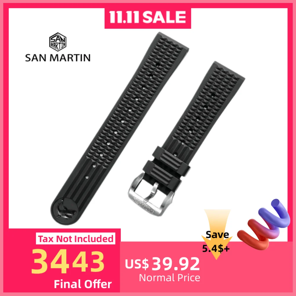 

San Martin ремешок для часов FKM водонепроницаемый фторэластомерный ремешок из нержавеющей стали/бронзовой пряжки без вставки 20 мм ремешок для часов для 62MAS 007