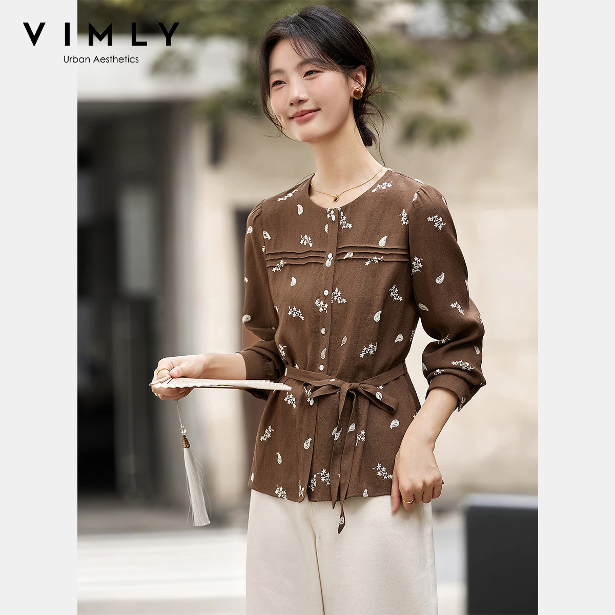 VIMLY Women's Brown Floral Embroidery Shirts Fall 2025 French Round Neck Elegant Chic Woman Top Puff Sleeve Lace-up Blouse A3075