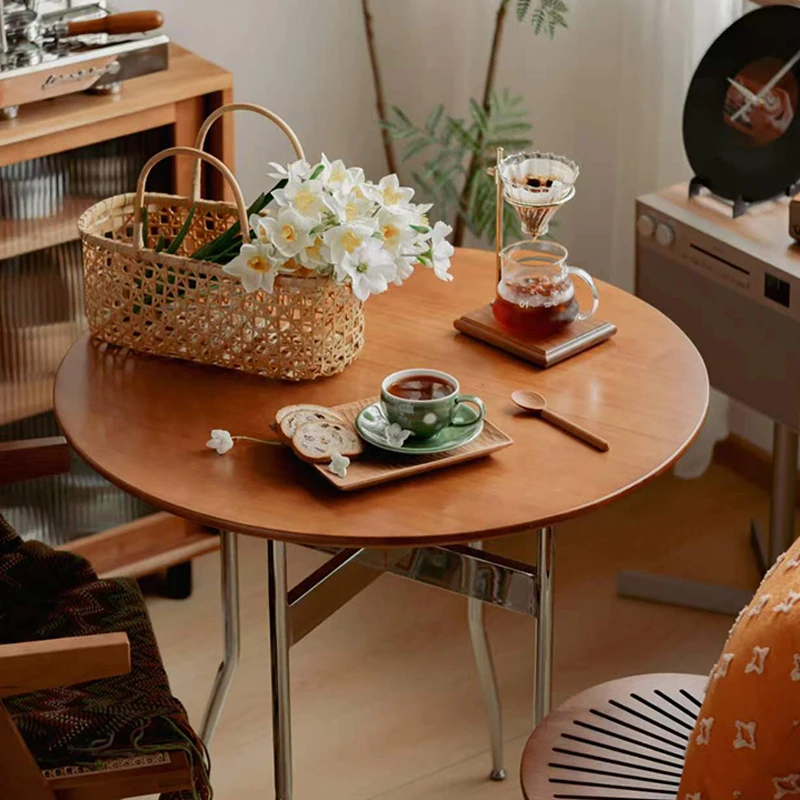 Medieval style solid wood dining table household small round retro foldable round dining  balcony table chairs